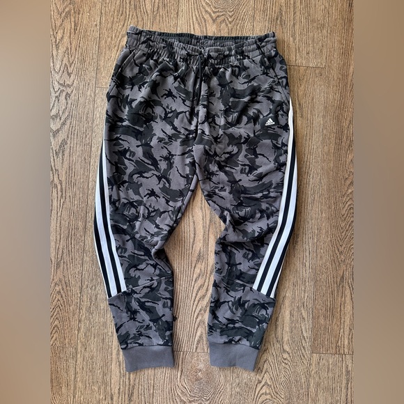 Adidas Black and Gray Camouflage Sweatpants with White Stripes - Picture 1 of 5